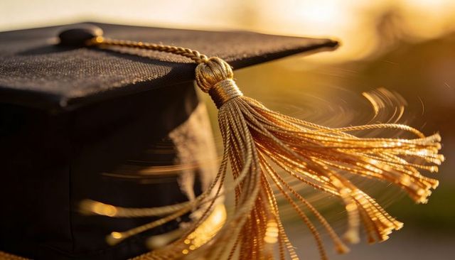 Golden tassel spinning on graduation cap at sunset with warm bokeh flare