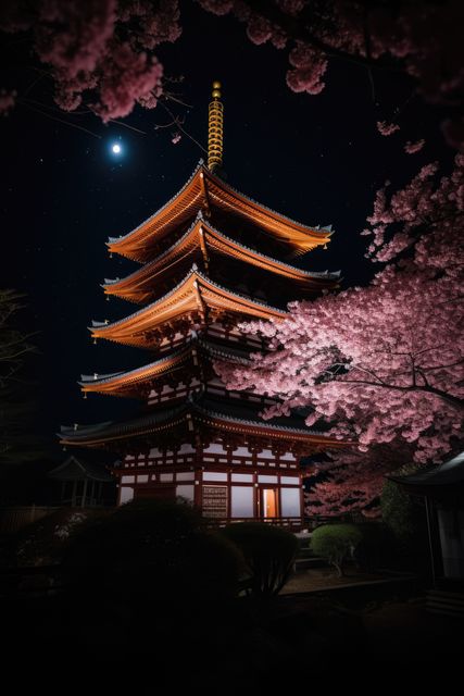 Pagoda illuminated at night with moon gently lighting the sky. Blooming cherry blossoms frame architectural details of the temple. Suitable for travel guides, cultural heritage promotions, wallpapers, and decoration projects focusing on Japanese traditions and beauty.