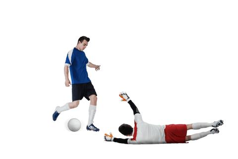 Transparent football players tackling for ball on field