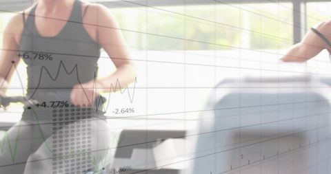 Stationary bike workout with performance data overlays showing metrics and progress