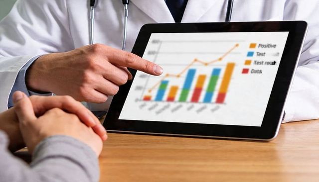 Clinician pointing at tablet showing medical data chart during patient consultation