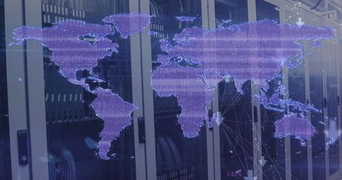 Distorted Digital World Map Overlay on Computer Server Room - Download Free Stock Images Pikwizard.com