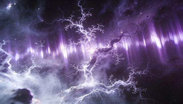 Violet fractal lightning tree pulsing with electric surge amid cosmic aurora and nebula