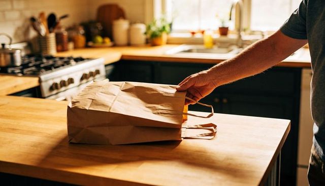 Man reaching for grocery bag on sunlit kitchen island