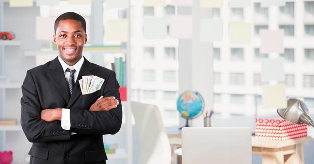 This image shows a confident businessman standing in an office with money in his pocket and arms crossed. Ideal for use in business, finance, and entrepreneurial contexts, such as websites, presentations, and marketing materials that emphasize success, professionalism, and financial growth.