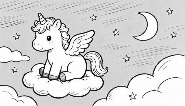 Winged unicorn sitting on fluffy cloud, gazing at crescent moon monochrome line art