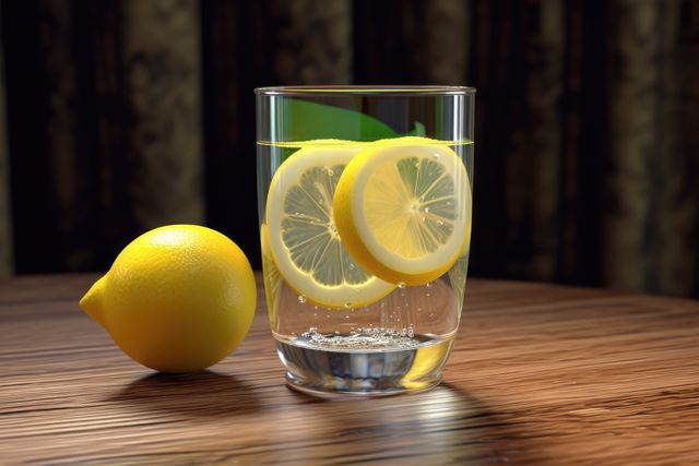 Glass of lemon juice and lemon on wooden surfaced, created using generative ai technology. Juice, drink and refreshment concept digitally generated image.