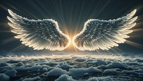 Majestic angel wings radiating over frozen sea