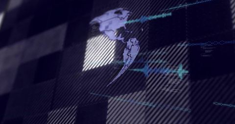 Holographic americas globe streaming across tiled hatched grid with cyan data streaks