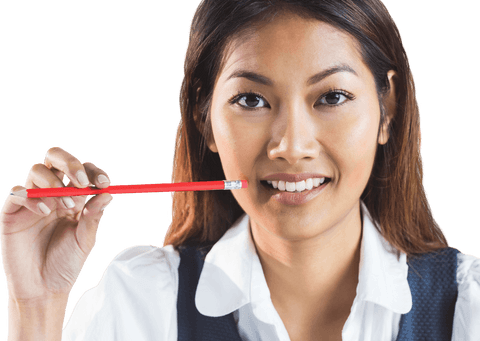 Transparent Background Smiling Businesswoman Holding Red Pencil