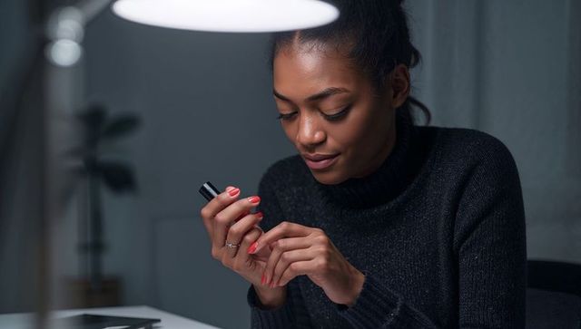 Woman applying coral nail polish under desk lamp, focused closeup manicure at night