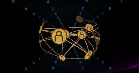 Rotating digital globe with gold network nodes and streaming blue digits for cybersecurity