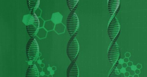 Three vertical dna helices floating on abstract green biotech background