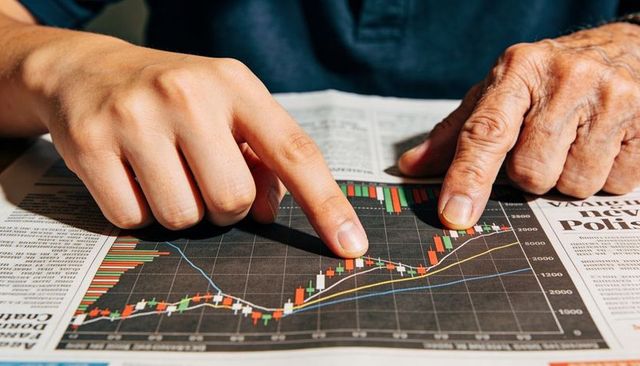 Senior and young hands pointing at rising candlestick chart for investment mentoring