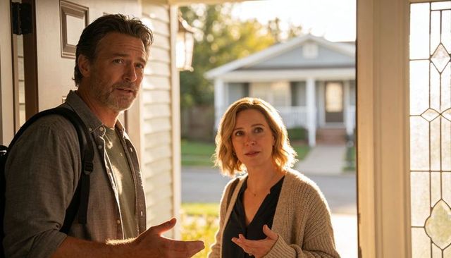 Couple standing at front door talking in warm golden sunlight on suburban porch threshold