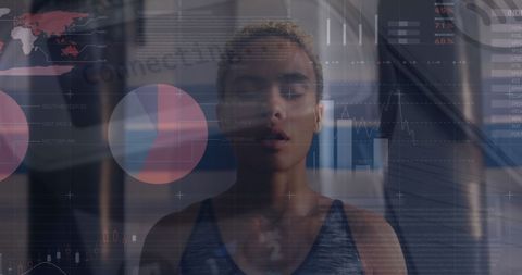 Serene Woman Meditating Amidst Digital Infographic Overlay