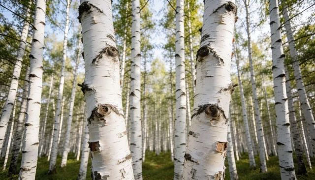 Close-up sunlit birch grove forming vertical lines, revealing peeling white bark and knots