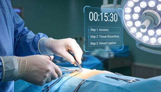 Surgeons performing abdominal incision with holographic timer and surgical workflow overlay