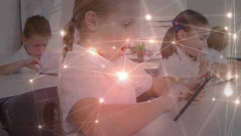 Children Using Tablets with Digital Network Overlay