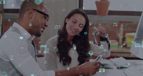 Diverse Colleagues Discussing Documents with Digital Connection Icons