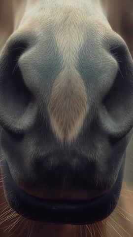 Vertical panning closeup of horse muzzle breathing nostrils whiskers and blaze in barn