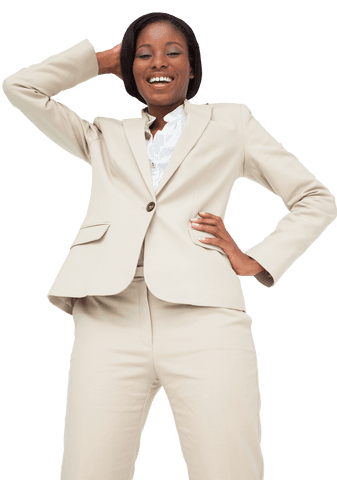 Businesswoman in Beige Suit Smiling Confidently on Transparent Background