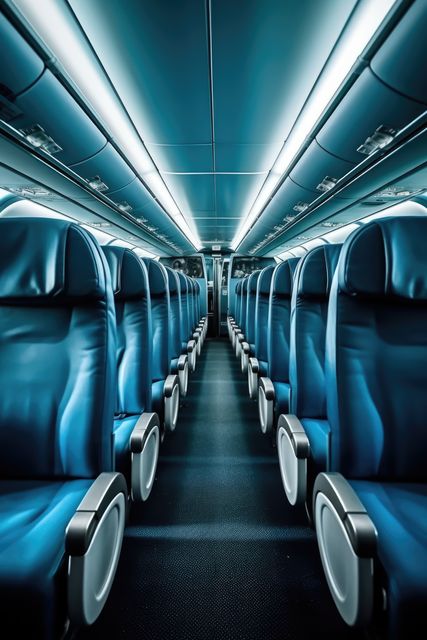 Interior of airplane with empty blue seats, created using generative ai technology - Download Free Stock Photos Pikwizard.com