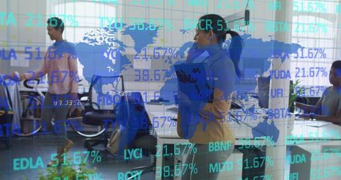 Businesswoman Interacting with Digital Data Interface in Modern Office