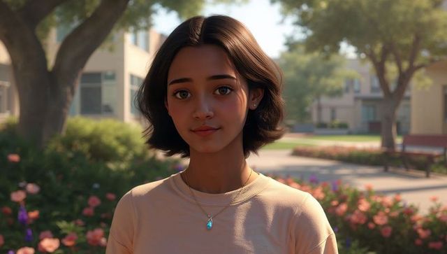 Young woman wearing turquoise pendant in sunny campus courtyard portrait floral backdrop