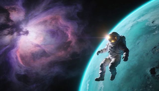 Floating astronaut drifting beside teal exoplanet beneath swirling pink nebula with golden visor