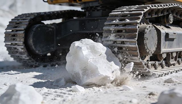 Excavator tracks crushing white limestone boulder, sending dust and rock chips, quarry