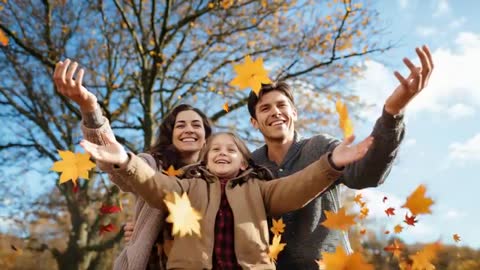 Family Enjoying Autumn with Leaf Toss in Park