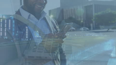 African American Man Using Smartphone with Data Overlay