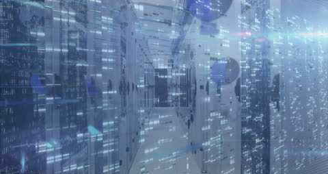 Digital Data Flow in Futuristic Server Room with Light Trails