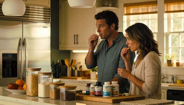 Couple tasting vitamin gummies at bright kitchen island with supplements and pantry jars
