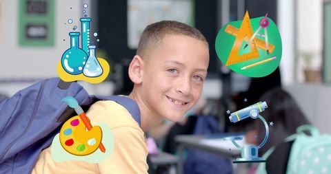 Smiling Boy Ready for School with Holographic Educational Tool Icons