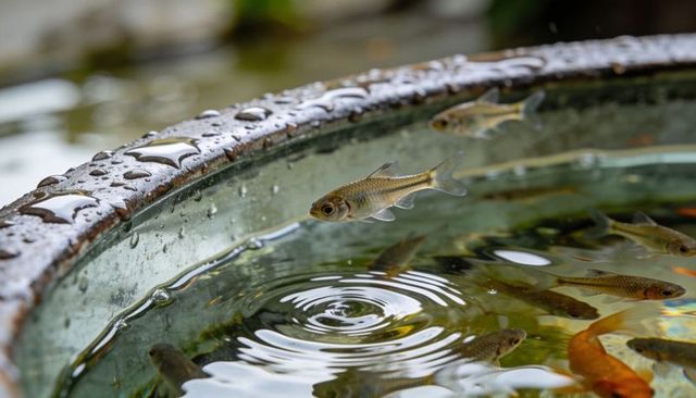 Gliding silvery-golden minnows creating concentric ripples in rain-speckled garden basin