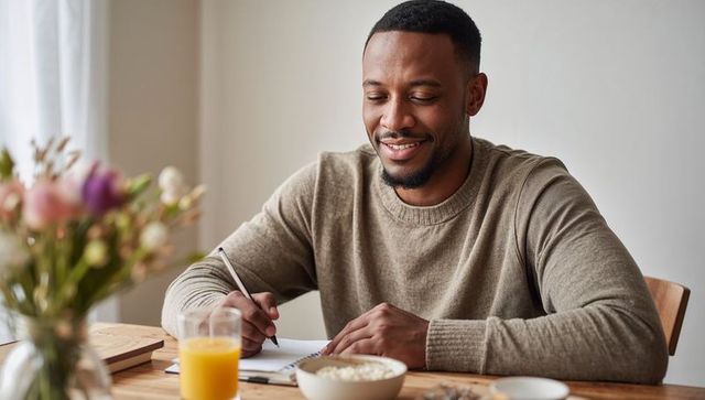 Smiling man writing morning journal at breakfast table with orange juice and cozy sweater