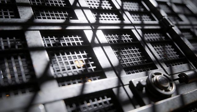 Casting dramatic shadows over industrial metal grate with square lattice, knob and bearing