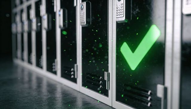 Keypad-locked locker row with neon green check mark indicating access granted