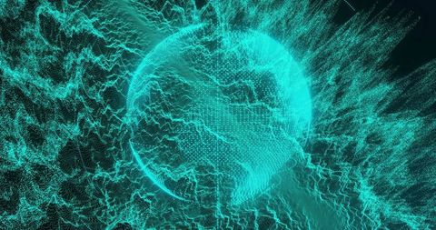 Radiating digital globe in particle mesh network pulsing with dynamic data flow