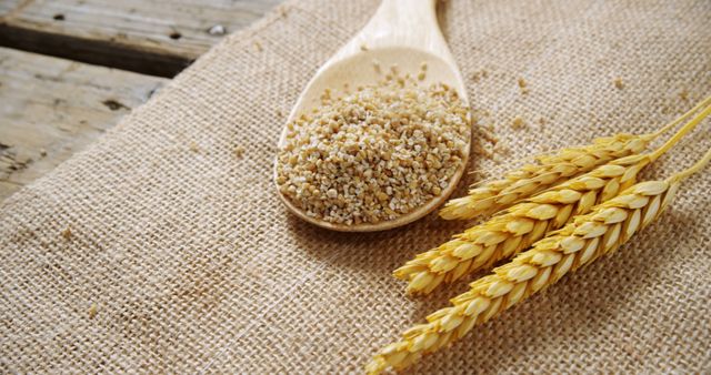Shows wooden spoon filled with crushed wheat grains on burlap next to stalks of wheat. Useful for themes related to healthy eating, organic produce, agricultural practices, and rustic kitchen settings.