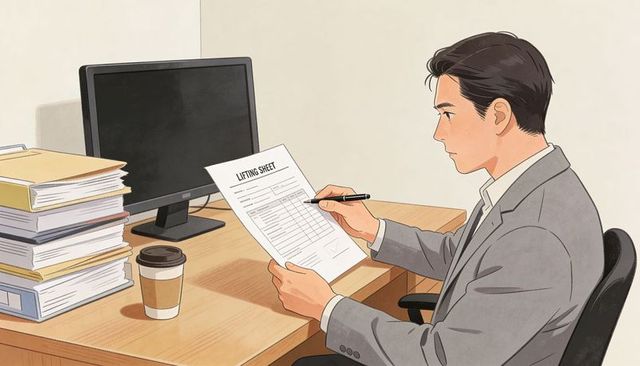 Office professional reviewing lifting sheet at desk with computer, coffee and documents