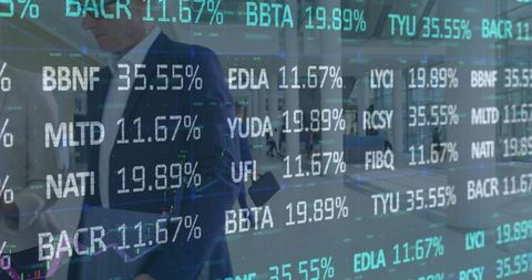 Financial Data Overlay on Business People in Modern Office