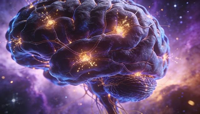 Floating brain glowing with golden synapses amid purple-gold cosmic nebula