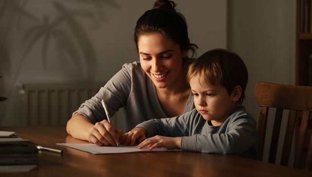 Smiling caregiver guiding young boy at table, writing homework together in warm light