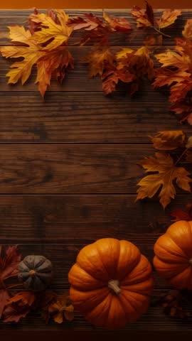 Assembling rustic autumn tabletop with pumpkins, gourds and fall leaves | Vertical video