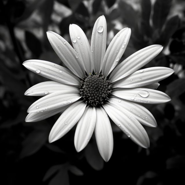 Close-up shot of a daisy flower with dew drops on its petals, captured in black and white. This minimalist yet striking composition highlights the texture and beauty of the flower. Ideal for use in modern floral decor, nature-themed artwork, or any design requiring a touch of elegance and simplicity.
