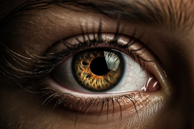 Close up of woman's eye with patterned pupil, created using generative ai technology. Human eye, colour and pattern concept digitally generated image.