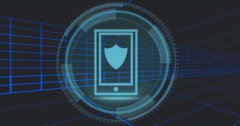 Futuristic mobile security interface in 3d digital grid space